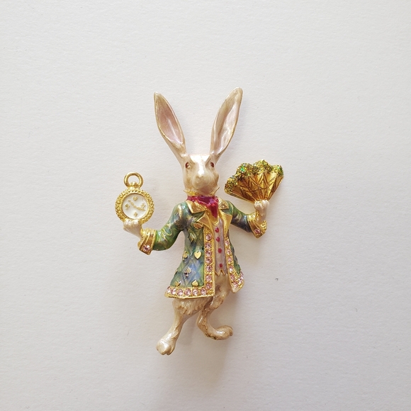 Kirks Folly White Rabbit Alice in Wonderland Enamel & Rhinestone Brooch - Picture 3 of 10